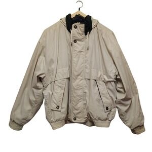 Vintage London Fog Mens Beige Bomber Jacket Large Removable Liner Concealed Hood